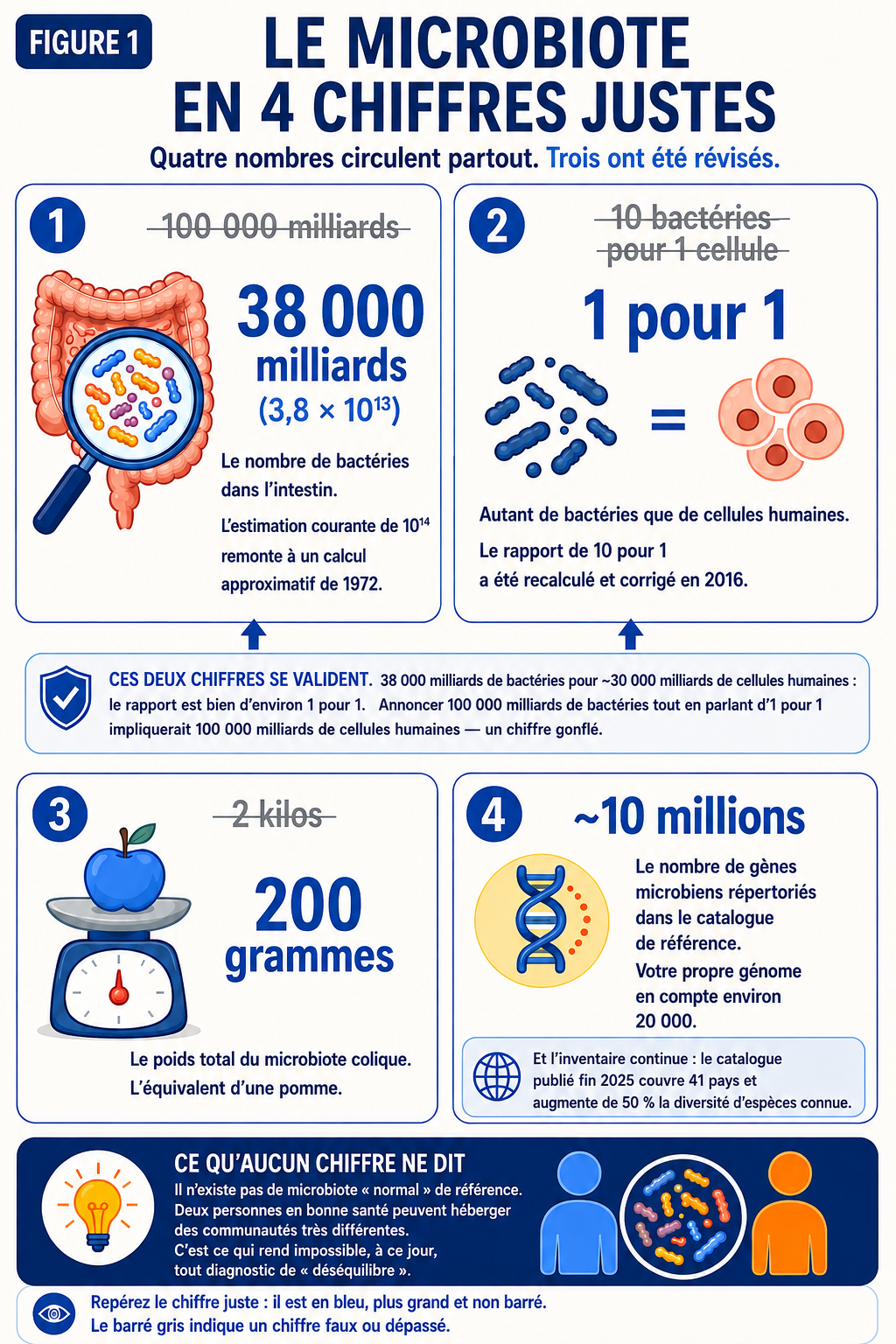 Infographie comparant quatre chiffres souvent cités sur le microbiote intestinal aux estimations actuellement retenues.