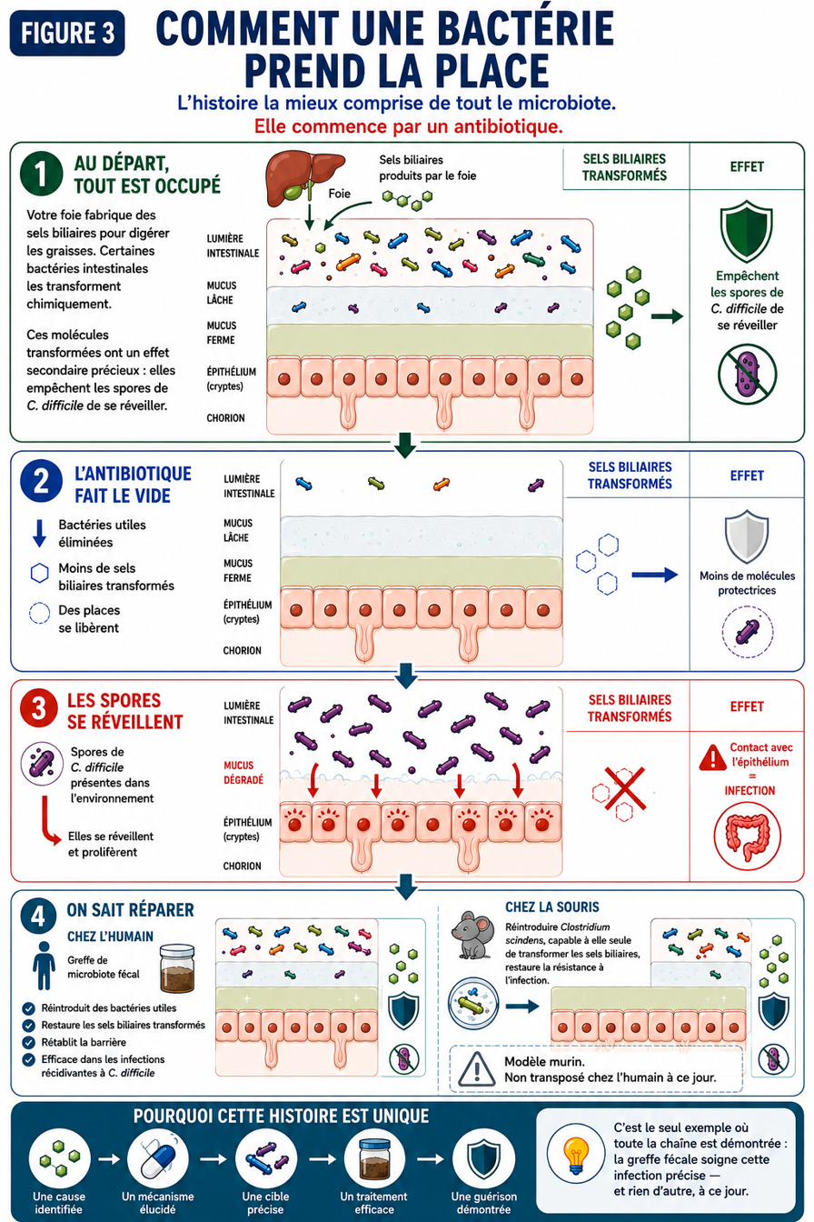 Séquence en quatre temps expliquant l’infection à Clostridioides difficile. Un microbiote intact transforme les sels biliaires en molécules qui empêchent les spores de germer. Un antibiotique élimine les bactéries responsables de cette transformation. Les spores se réveillent et provoquent des diarrhées récidivantes. La greffe de microbiote fécal restaure la protection chez l’humain ; chez la souris, réintroduire une seule espèce bactérienne suffit.