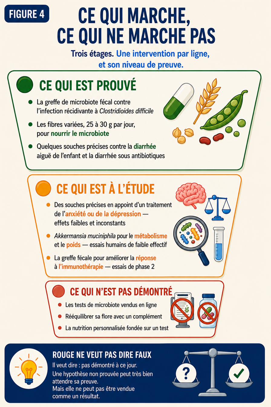 Classement des interventions liées au microbiote selon leur niveau de preuve : prouvé, à l’étude, non démontré.