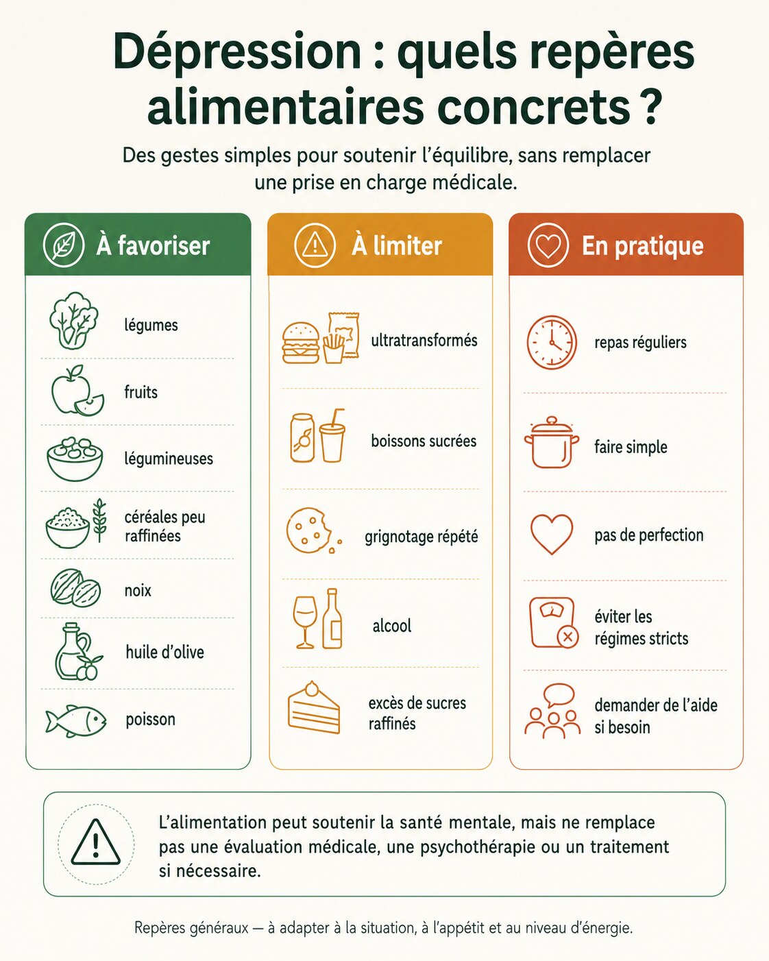 Infographie présentant des repères alimentaires concrets pour soutenir l’équilibre : aliments à favoriser, à limiter et conseils pratiques en cas de dépression.