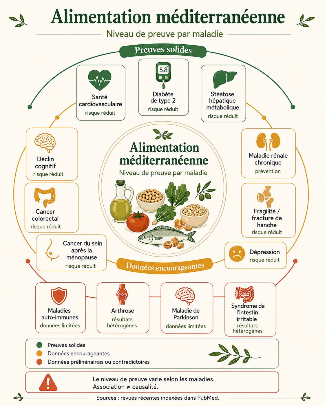 Infographie synthétique classant les effets associés à l’alimentation méditerranéenne selon trois niveaux de preuve, avec la dépression parmi les données encourageantes.