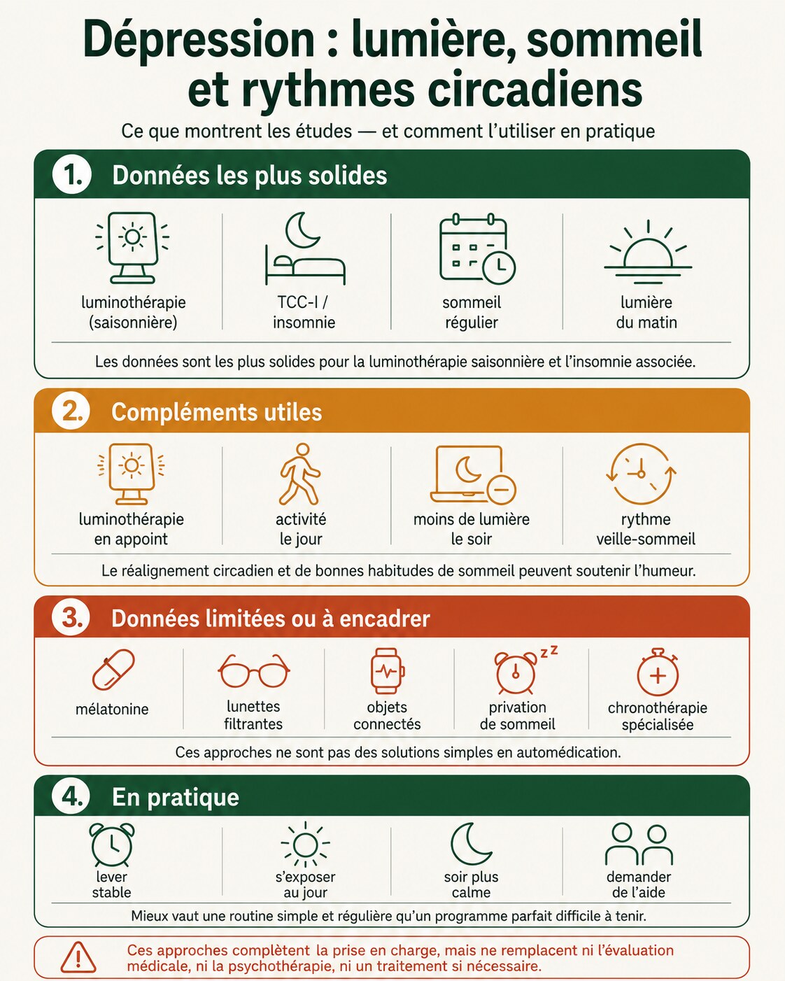 Infographie sur la dépression présentant la lumière, le sommeil et les rythmes circadiens, avec les interventions les mieux étayées, les compléments utiles, les données limitées et des repères pratiques.