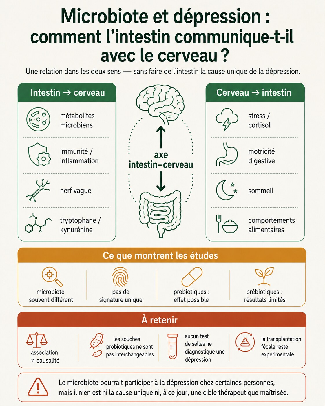 Infographie montrant la communication bidirectionnelle entre microbiote intestinal et cerveau, les principaux mécanismes étudiés et les limites actuelles des connaissances.