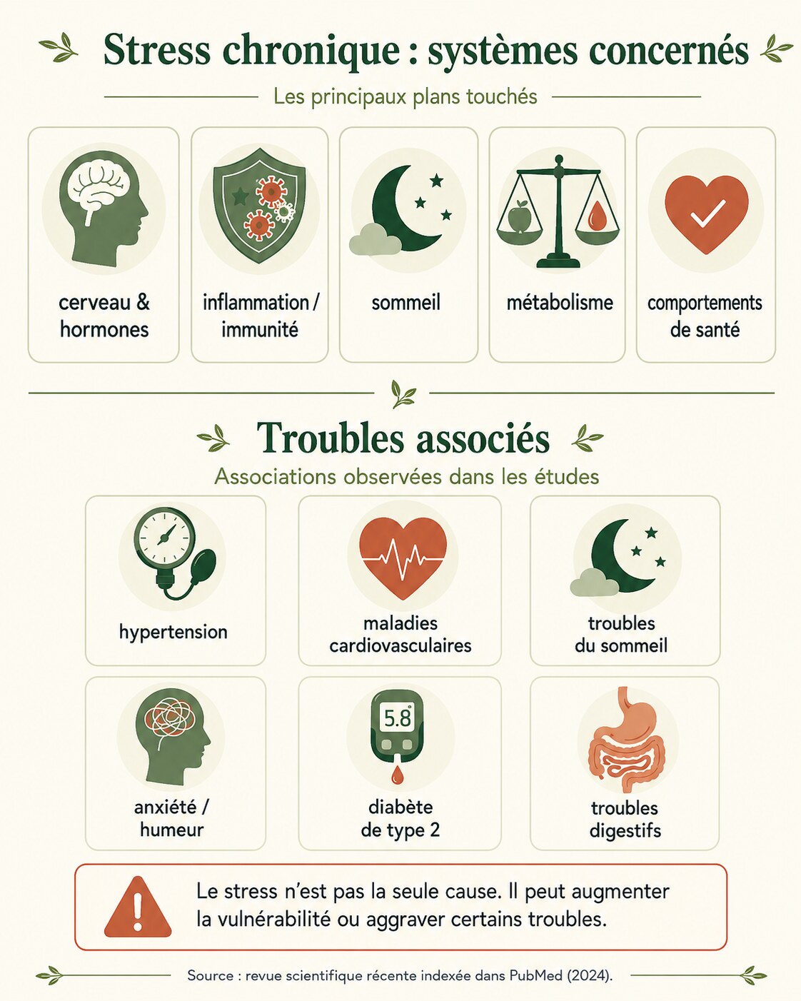 Infographie présentant les systèmes concernés par le stress chronique et les troubles auxquels il est associé.