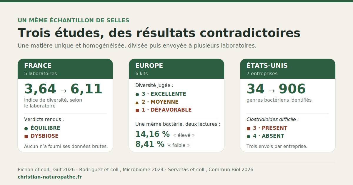 Infographie comparant trois études ayant envoyé un même échantillon de selles à plusieurs laboratoires : en France cinq laboratoires rendent des verdicts opposés, équilibre pour les uns et dysbiose pour les autres ; en Europe six kits jugent la diversité excellente, moyenne ou défavorable ; aux États-Unis sept entreprises identifient de 34 à 906 genres bactériens et se contredisent sur la présence de Clostridioides difficile.